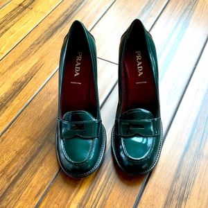 Prada block heeled loafer style pumps